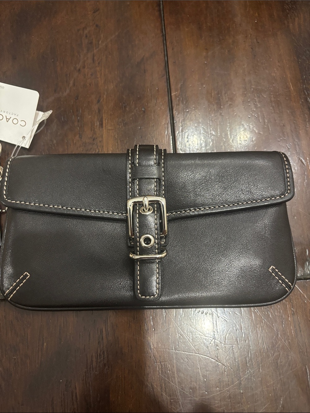 Coach SoHo Buckle Wristlet Black Leather with Contrast Stitching